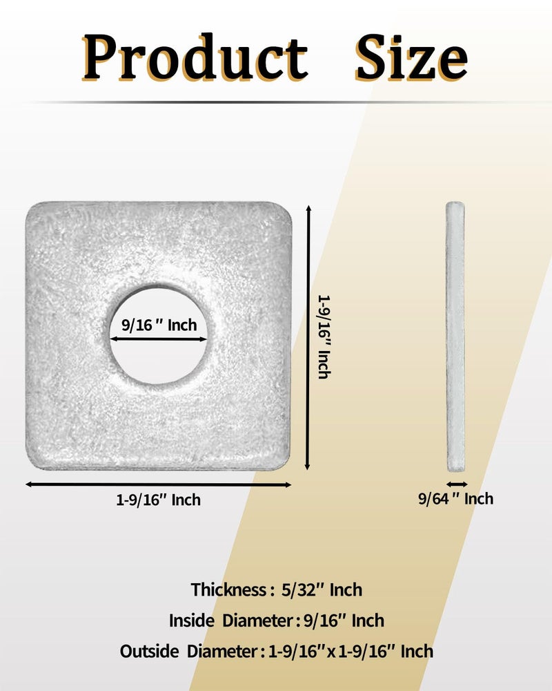 Axomize 9/16" Square Washer, Hot Dipped Galvanized Flat Pad Spacer for Square Nut Fastener Hardware, 20-Box (9/16" ID x 1-9/16" x 1-9/16" x 9/64") - Image 2